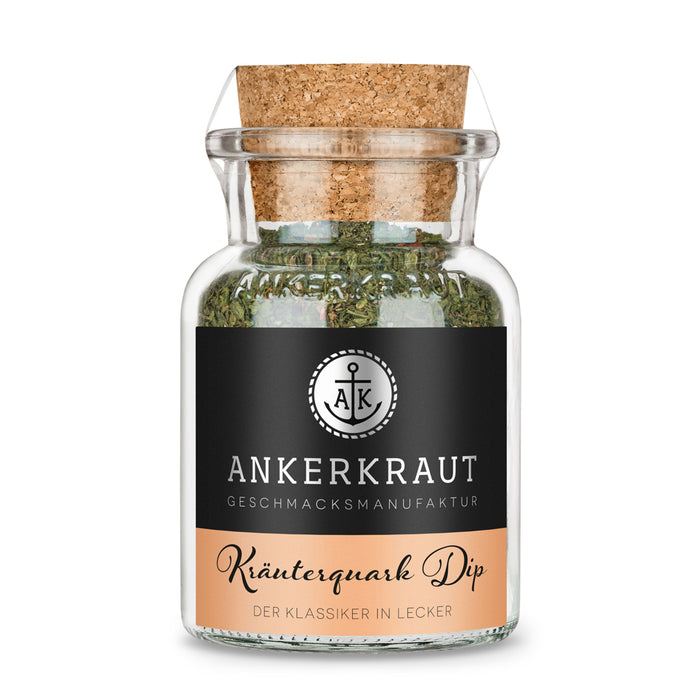 Quarkgewürz von Ankerkraut im Korkenglas auf weißem Hintergrund.