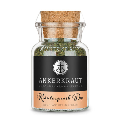 Quarkgewürz von Ankerkraut im Korkenglas auf weißem Hintergrund.