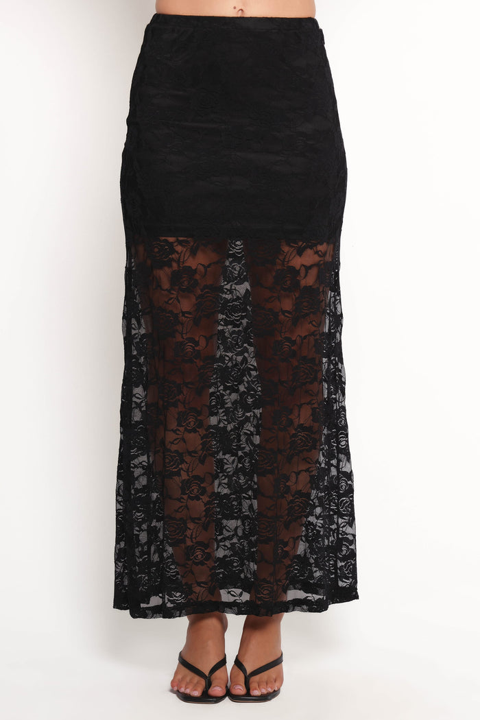Petal and Pup USA BOTTOMS Laken Sheer Lace Maxi Skirt - Black