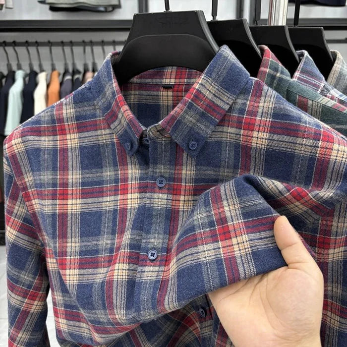 Lapel cotton plaid pattern long sleeve shirt - AntoniosClothing - Red an blue