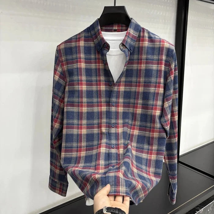 Lapel cotton plaid pattern long sleeve shirt - AntoniosClothing - Red an blue