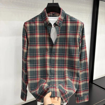 Lapel cotton plaid pattern long sleeve shirt - AntoniosClothing - Red an blue