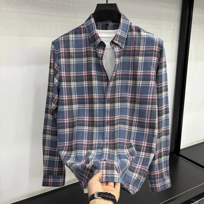 Lapel cotton plaid pattern long sleeve shirt - AntoniosClothing - Red an blue