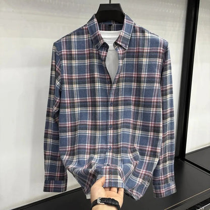 Lapel cotton plaid pattern long sleeve shirt - AntoniosClothing - Red an blue