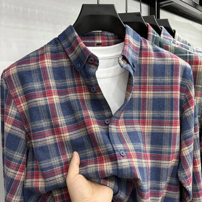 Lapel cotton plaid pattern long sleeve shirt - AntoniosClothing - Red an blue