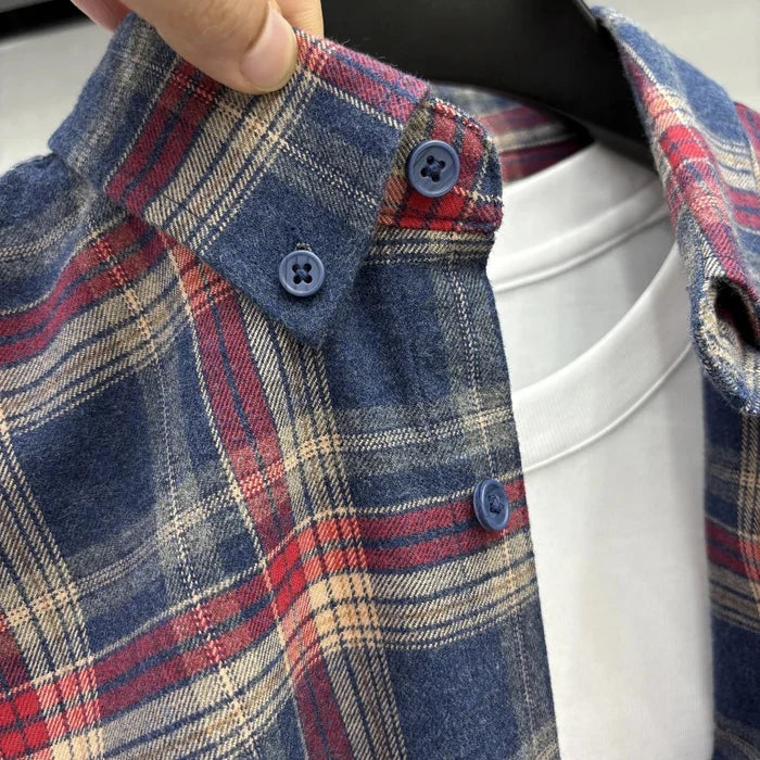 Lapel cotton plaid pattern long sleeve shirt - AntoniosClothing - Red an blue