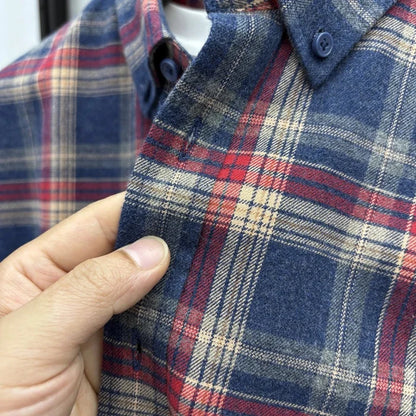 Lapel cotton plaid pattern long sleeve shirt - AntoniosClothing - Red an blue