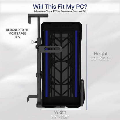 Measurement guide for a computer case with dimensions displayed on a white background