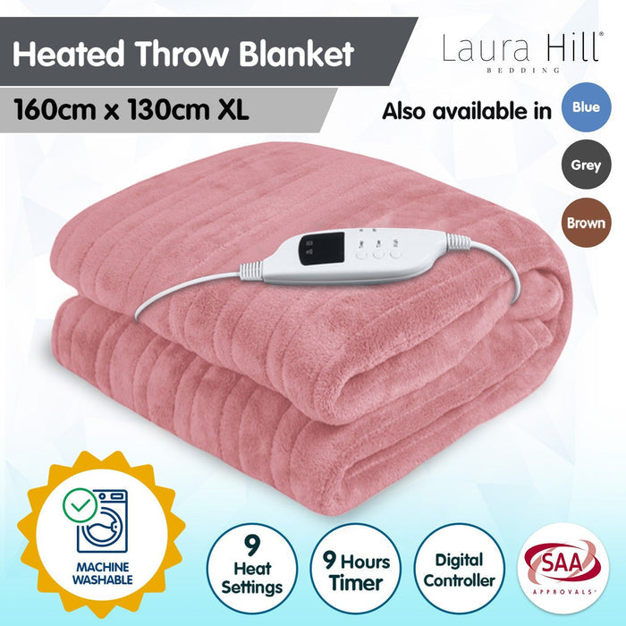 Laura Hill Heated Electric Blanket Throw Rug Coral Warm Fleece Pink -Home Living Store - -