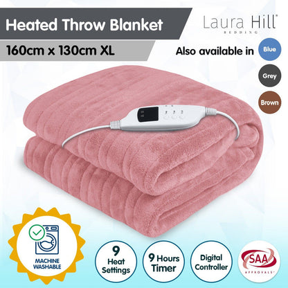 Laura Hill Heated Electric Blanket Throw Rug Coral Warm Fleece Pink -Home Living Store - -