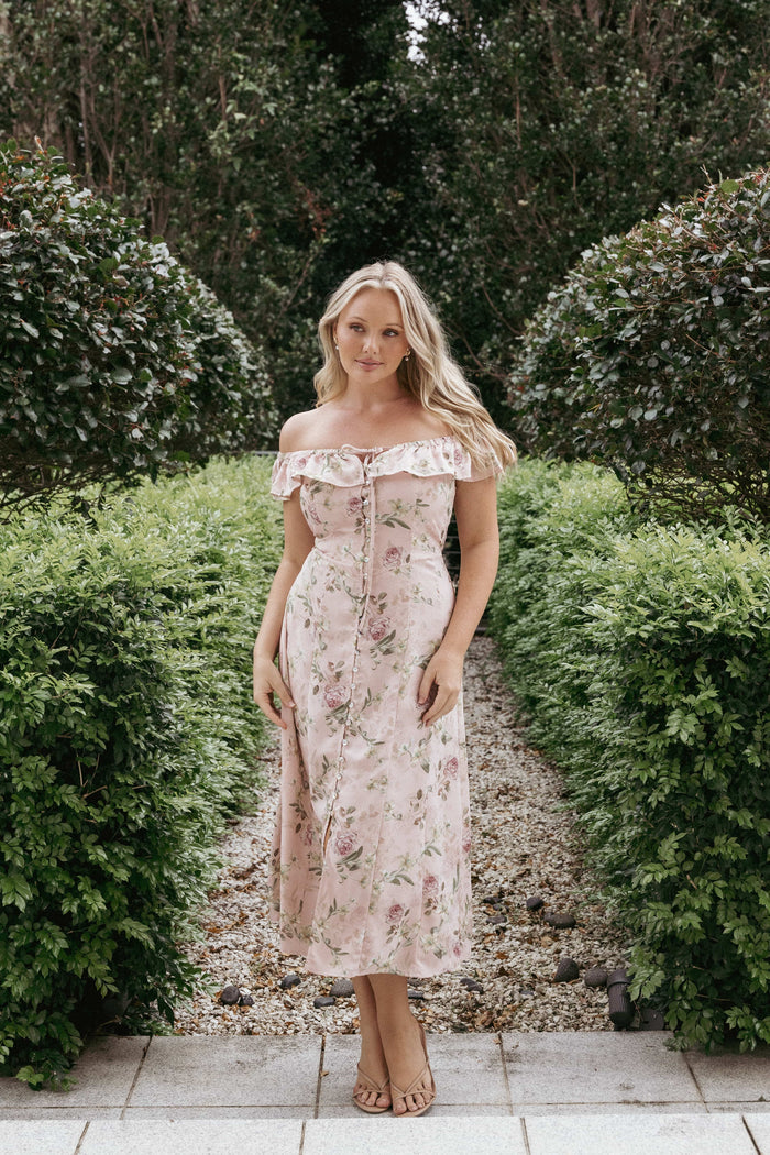Petal and Pup USA DRESSES Lauryn Off The Shoulder Midi Dress - Blush Rose