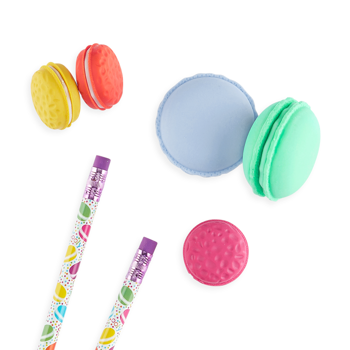 Le Macaron Patisserie Scented Erasers mixed with sweet treat pencils.