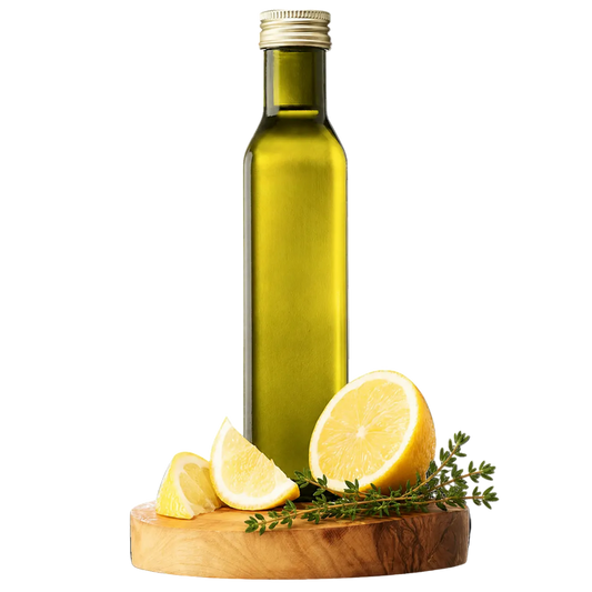 A tall glass bottle of olive oil with a gold cap stands on a round wooden board, surrounded by lemon slices and fresh thyme sprigs, against a plain white background.