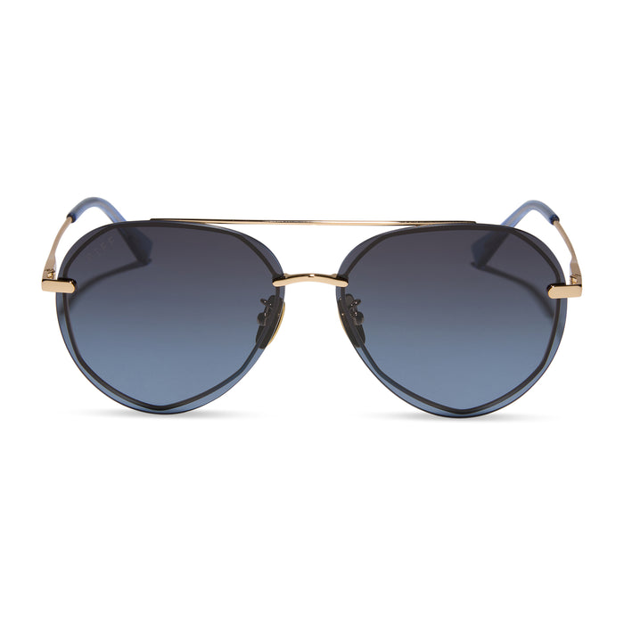 diff eyewear lenox aviator sunglasses with a gold metal frame and blue gradient polarized lenses front view