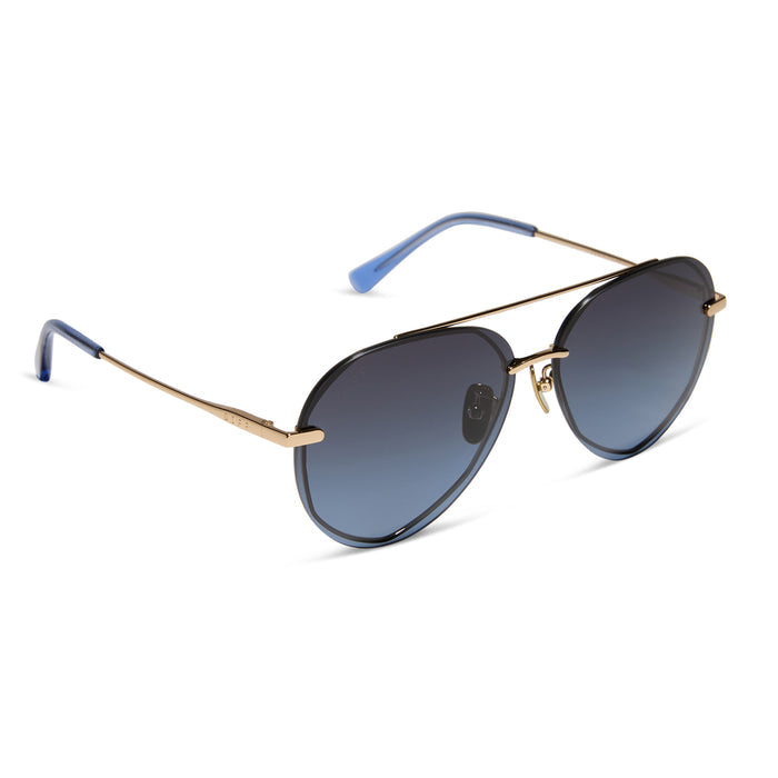 diff eyewear lenox aviator sunglasses with a gold metal frame and blue gradient polarized lenses angled view