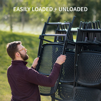 Man loading black chairs onto a vehicle with text.