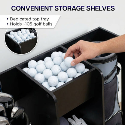 Storage shelves with golf balls and a hand reaching in, labeled 'Convenient Storage Shelves'.