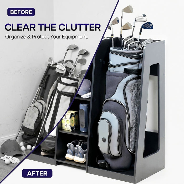 Golf equipment before and after organization with a storage system.