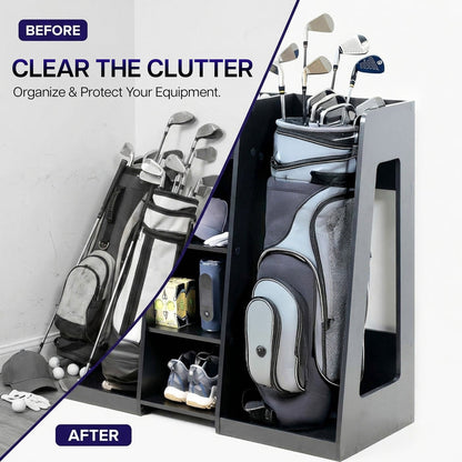 Golf equipment before and after organization with a storage system.