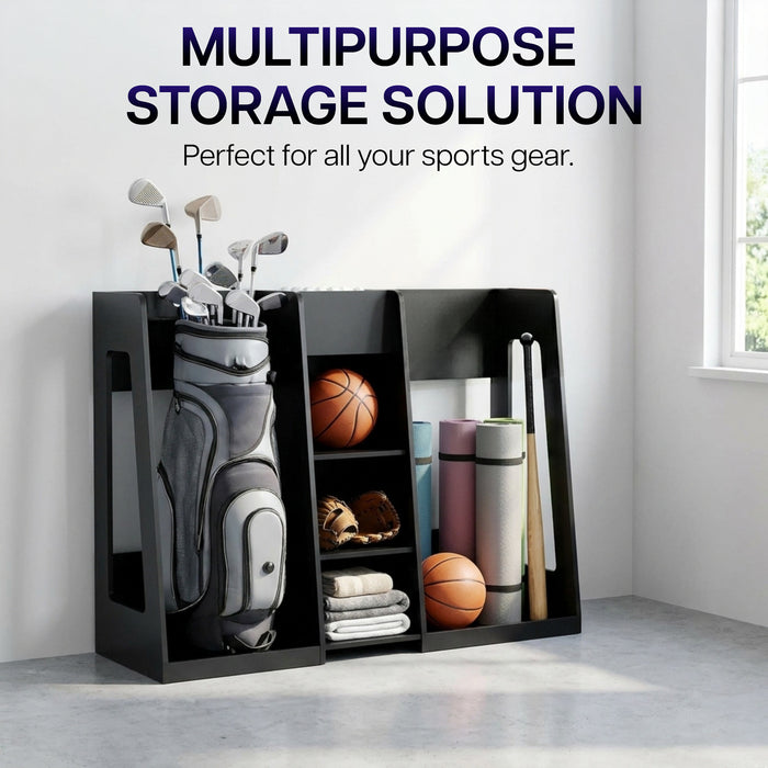 Golf Bag Storage Organizer with sports gear including golf clubs, balls, and books on a white background.