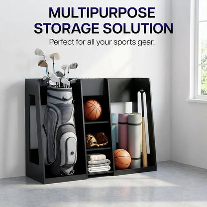 Golf Bag Storage Organizer with sports gear including golf clubs, balls, and books on a white background.