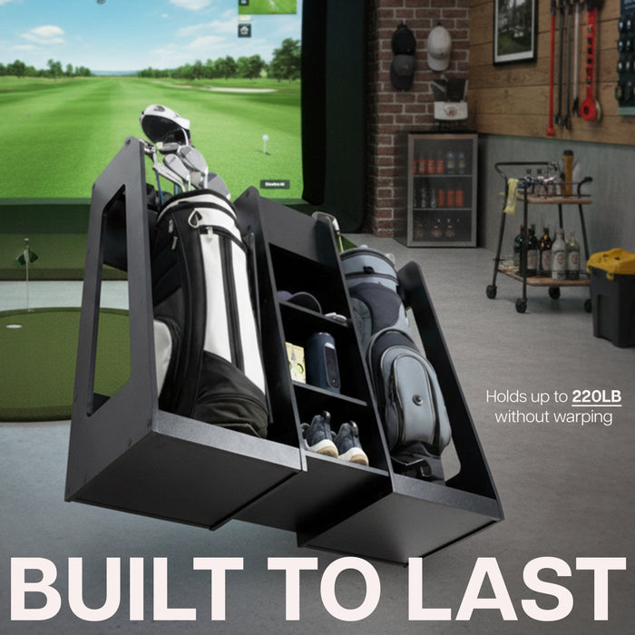 Golf simulator setup with golf bags and equipment in a room with sports equipment on shelves.