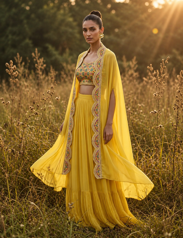 Lime Phulkari Cape Set