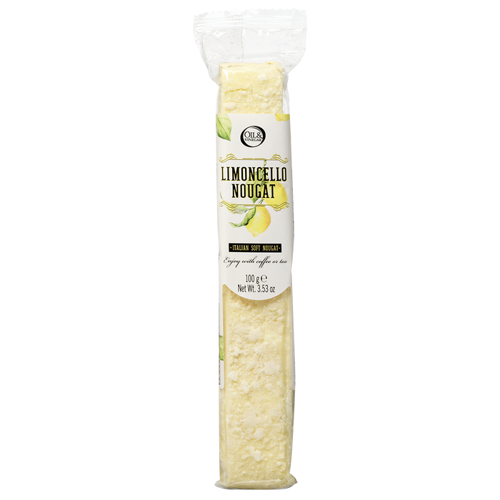 Packaged Limoncello Nougat bar with a label containing the brand name and lemons.