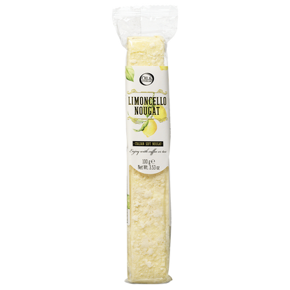Packaged Limoncello Nougat bar with a label containing the brand name and lemons.