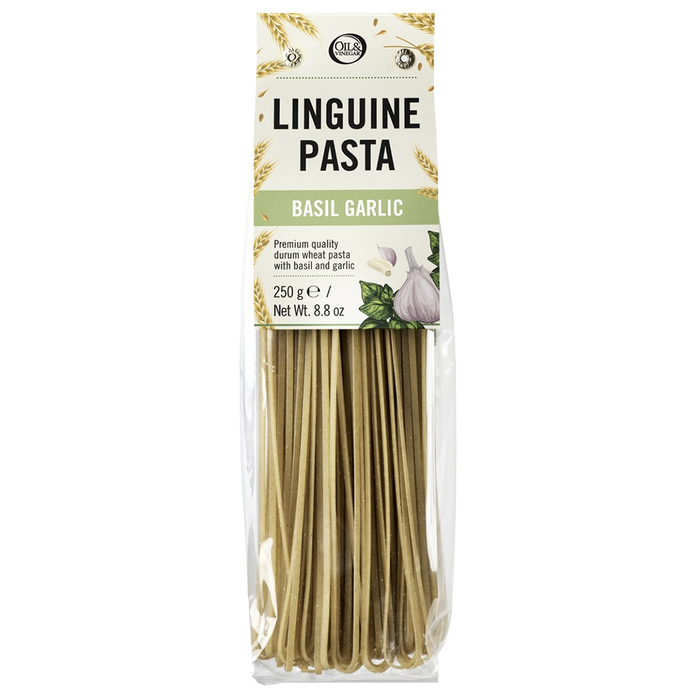 Packaged linguine pasta branded as 'Linguine Pasta Basil Garlic' in a clear plastic container showing the dried pasta inside.