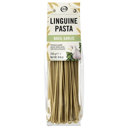 Packaged linguine pasta branded as 'Linguine Pasta Basil Garlic' in a clear plastic container showing the dried pasta inside.