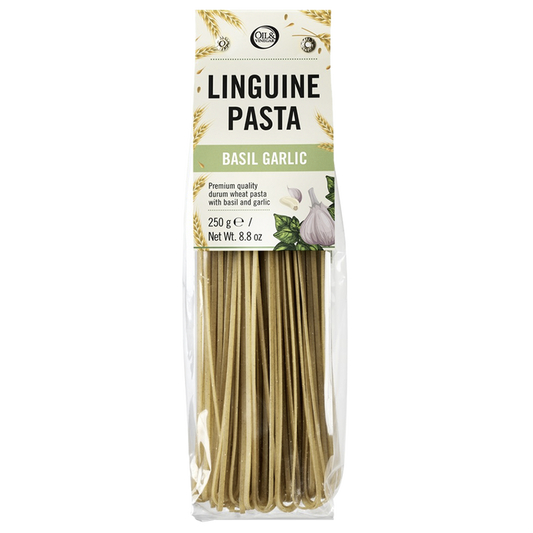 Packaged linguine pasta branded as 'Linguine Pasta Basil Garlic' in a clear plastic container showing the dried pasta inside.