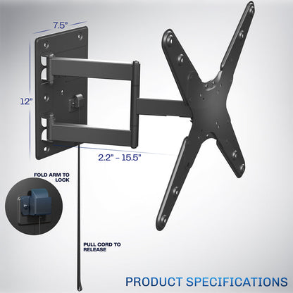 Locking RV TV Mount with Articulating Arm Product Specifications on a gradient background.