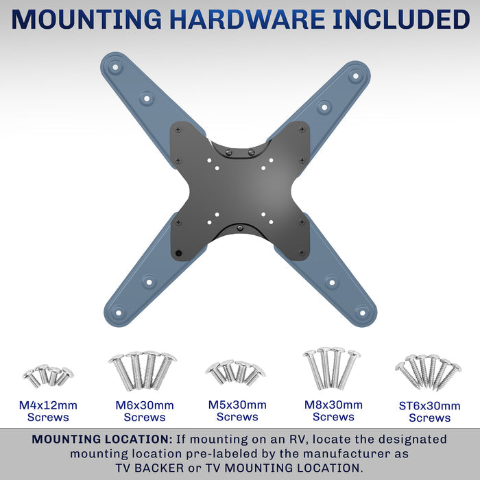 A black locking RV TV mount displaying mounting hardware.