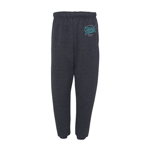 Dark gray sweatpants against white background. Equal Vision logo is printed in teal and white in upper right corner of pants.
