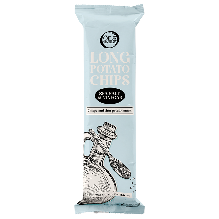 Blue long rectangle snack packaging for sea salt and vinegar long potato chips