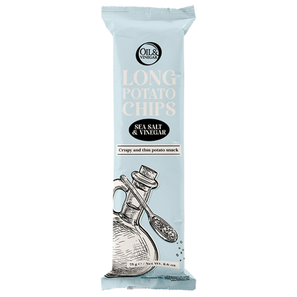 Blue long rectangle snack packaging for sea salt and vinegar long potato chips
