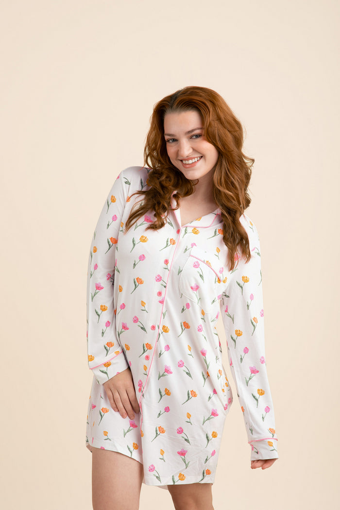 Female modeling the Long Sleeve Women’s Nightshirt in Tulip