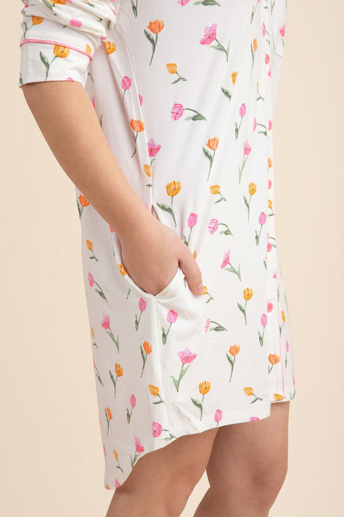 Pocket detail on the Long Sleeve Women’s Nightshirt in Tulip shown on a model