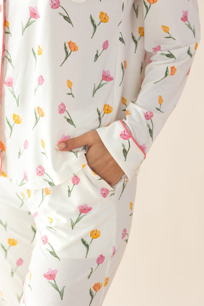 Close up of the pocket on the pants of the Long Sleeve Women’s Nightshirt in Tulip