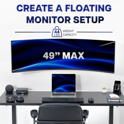 49-inch monitor setup on a desk with laptop and accessories, text 'Create a Floating Monitor Setup' and '44 lbs weight capacity'.