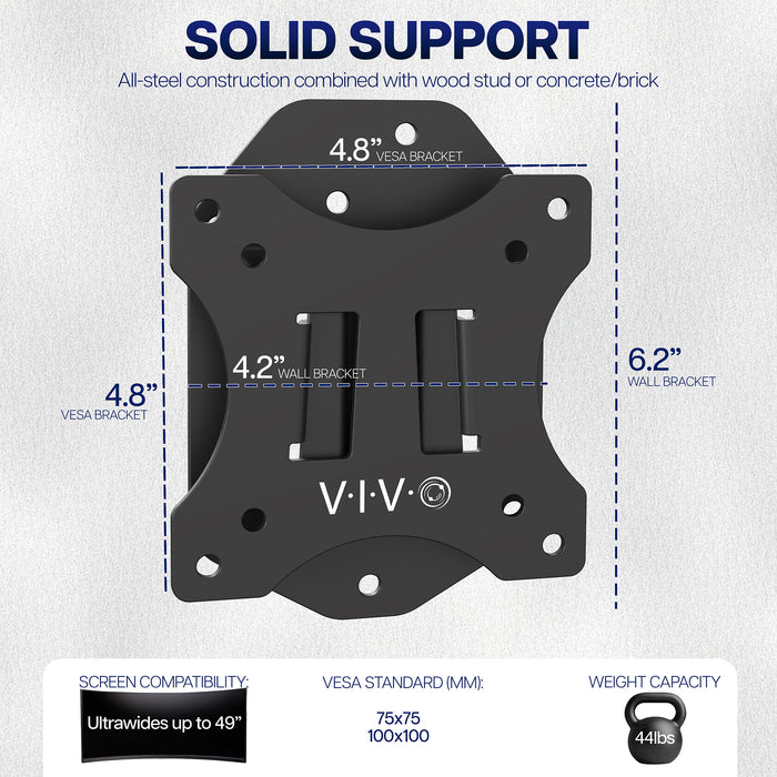 Black VESA bracket with dimensions and compatibility details on a gray background