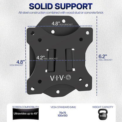 Black VESA bracket with dimensions and compatibility details on a gray background