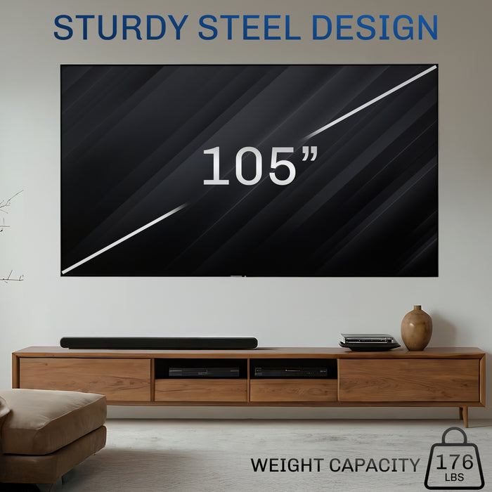 Large flat-screen TV on a wooden stand with text.