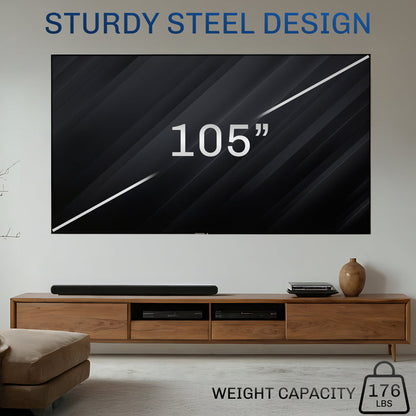 Large flat-screen TV on a wooden stand with text.