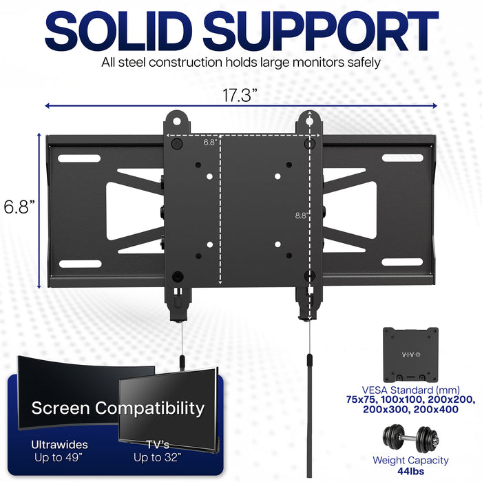 TV mount with dimensions and compatibility details on a white background