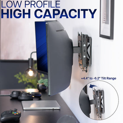 Wall-mounted computer monitor mount with tilt range feature on a desk.