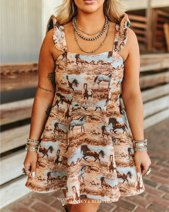 Lucky & Blessed Beige Running Horse Woven Ruffle Strap Dress