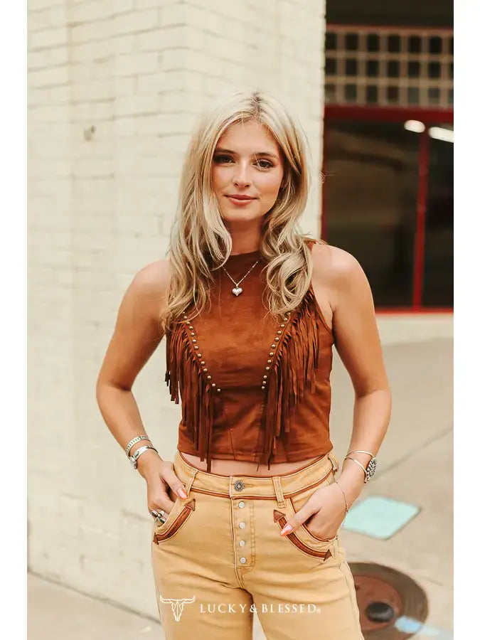 Lucky & Blessed Tan Fringe Top
