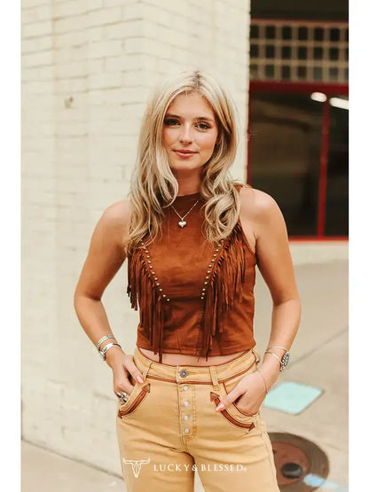 Lucky & Blessed Tan Fringe Top